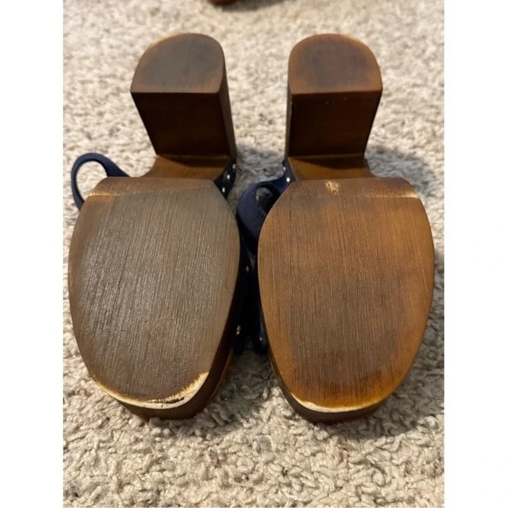 Navy Blue Suede Wooden Platform Slide Sandals Studded Block Heel Retro 70s Style